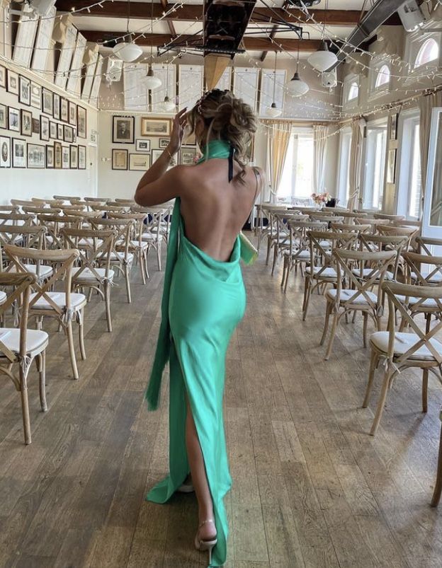Green simple and elegant lace-up halter neck backless slit long slim satin banquet dress evening dress ball gown wedding guest dress gh3086