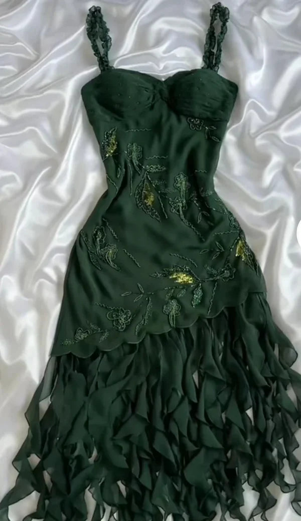 Girlhomeshops-Dark green chiffon short/long ruffled homecoming dress prom dress formal evening dress gh5137