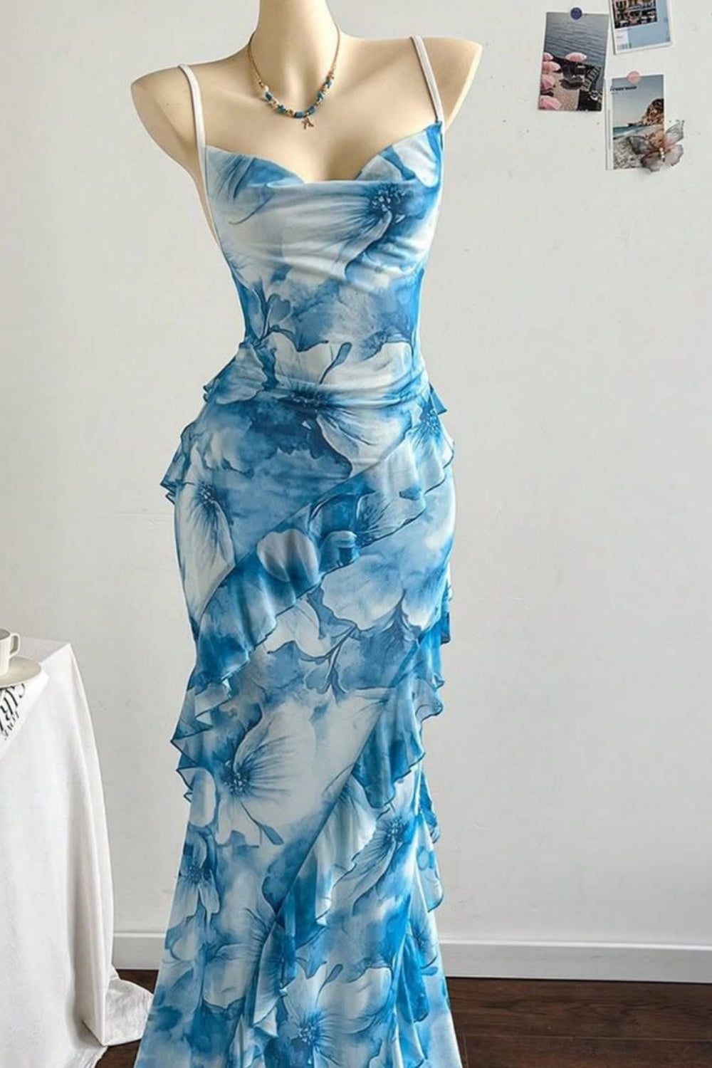 girlhomeshops-Blue Floral Strapless Party Dress gh6103