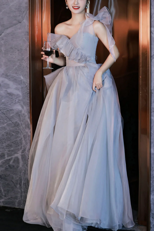 Gray tulle long A line prom dress gray evening dress  10625