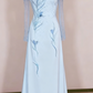 Robe de soirée bleu clair en satin transparent, manches longues, ornée de perles et de fleurs, longueur au sol gh6389