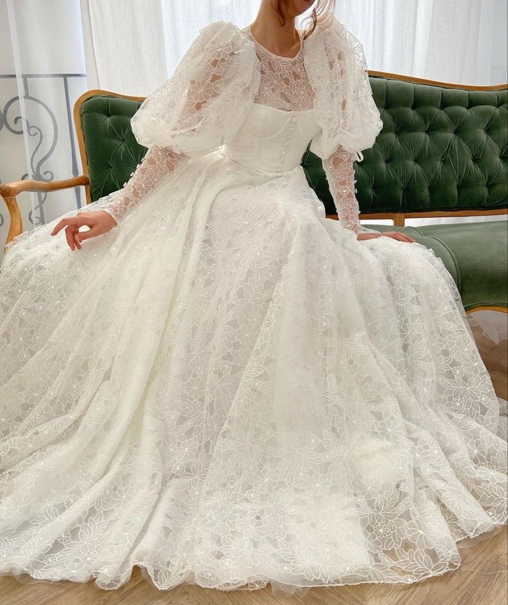 girlhomeshops-White long-sleeved lace wedding dress gh6222