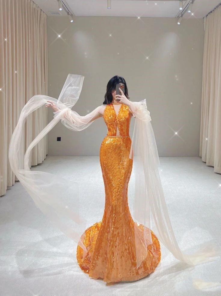 Robe de soirée élégante à manches longues en tulle et paillettes, magnifique, orange, brillante, sirène, slim, robe de bal, robe de soirée gh3386