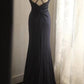 girlhomeshops-Elegant navy blue spaghetti strap deep V neck waist dress, vintage embellished elegant long evening gown  gh5826
