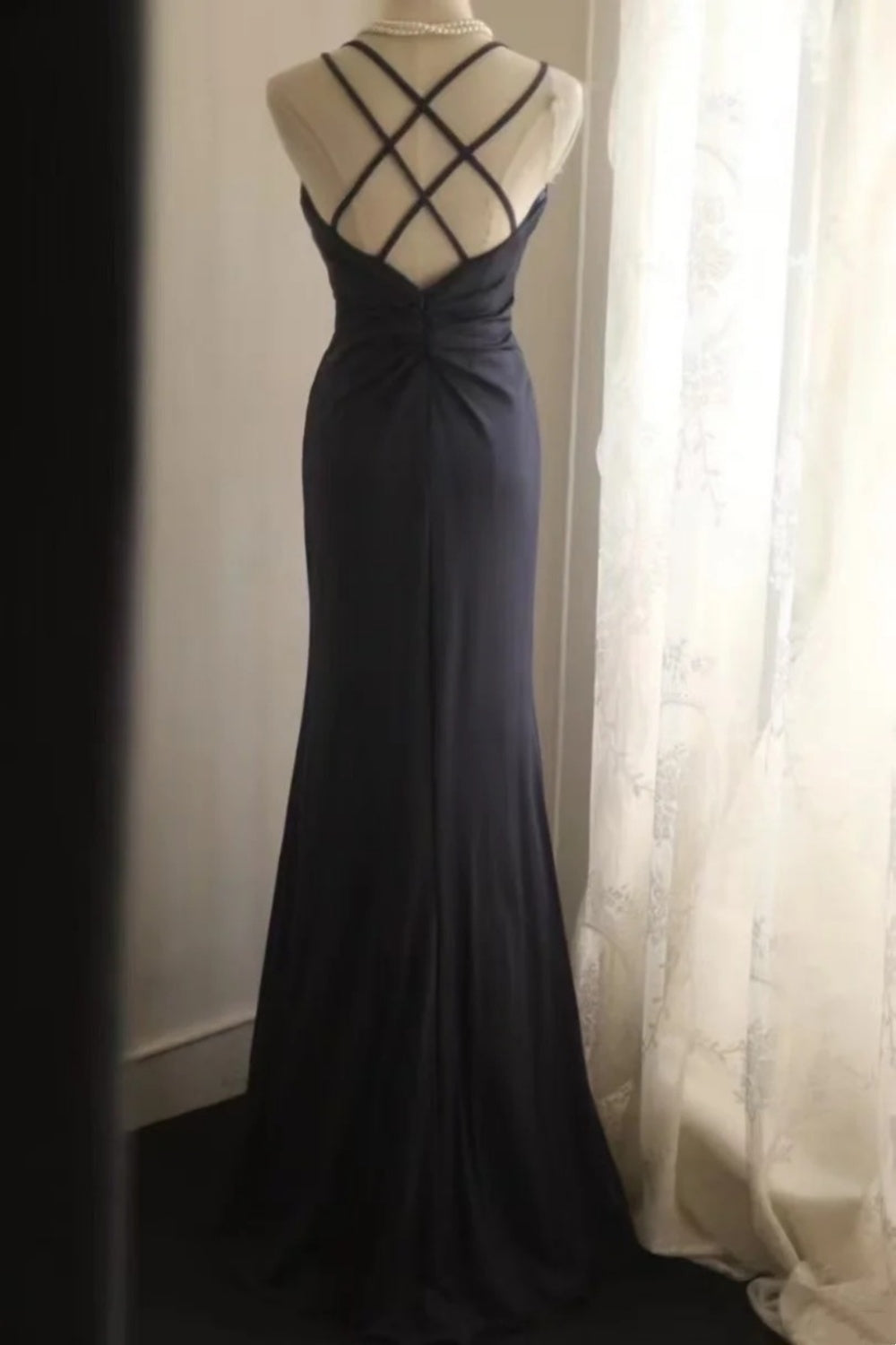 girlhomeshops-Elegant navy blue spaghetti strap deep V neck waist dress, vintage embellished elegant long evening gown  gh5826