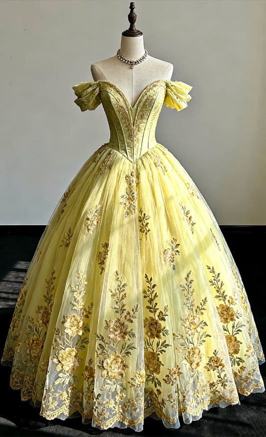 girlhomeshops - Robe de bal longue en tulle jaune à fleurs vintage gh6240