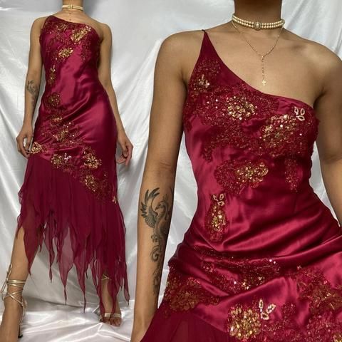 Red one shoulder fashion embroidered floral long elegant satin chiffon ruffle party dress prom dress evening gown gh3269
