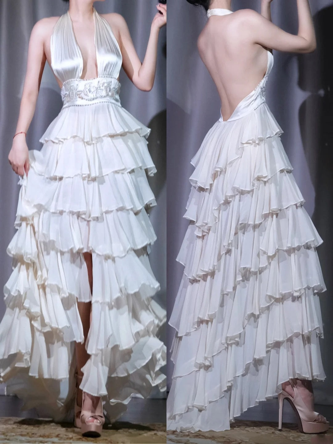 girlhomeshops-Weißes exquisites Retro-elegantes langes Chiffon-mehrlagiges Abendkleid, Ballkleid, Partykleid gh5915