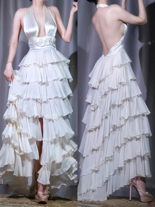 girlhomeshops-Weißes exquisites Retro-elegantes langes Chiffon-mehrlagiges Abendkleid, Ballkleid, Partykleid gh5915