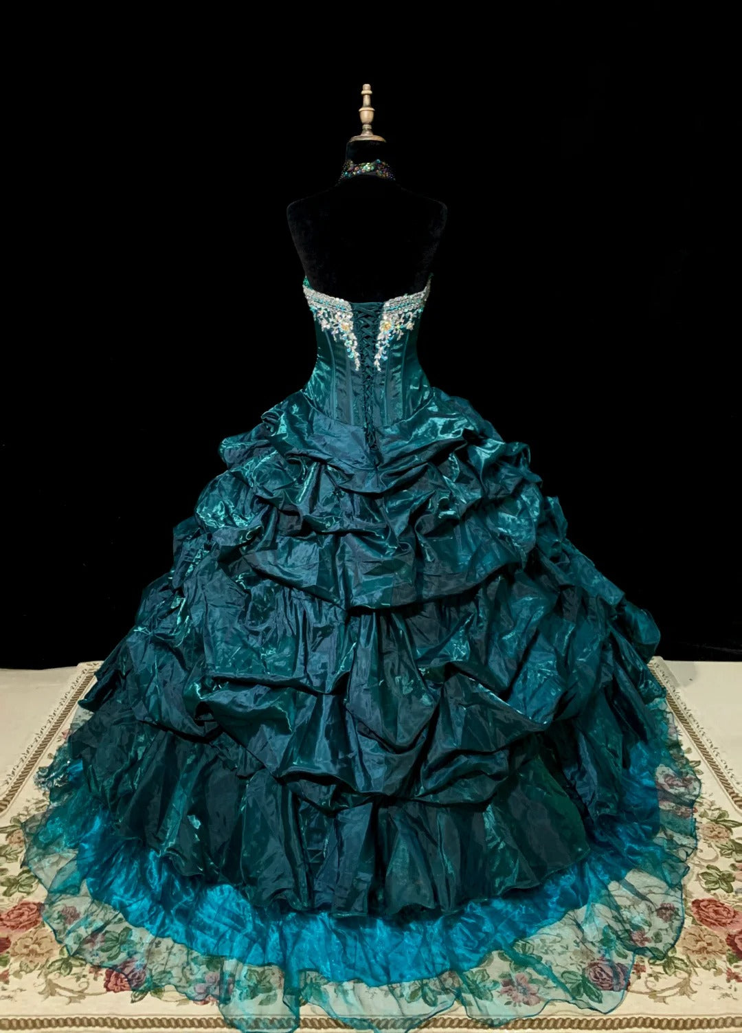 Teal Vintage Fashion Perlenbesetztes langes Tüll-Ballkleid gh4922