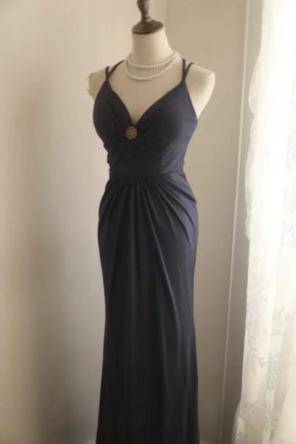 girlhomeshops-Elegant navy blue spaghetti strap deep V neck waist dress, vintage embellished elegant long evening gown  gh5826