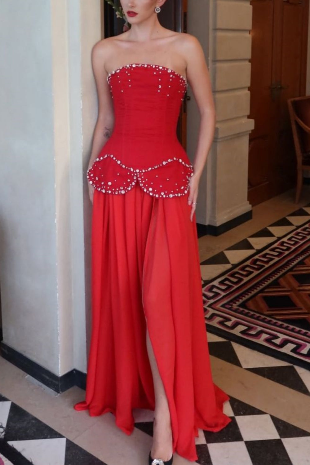 girlhomeshops-Red beaded long dress gh6146