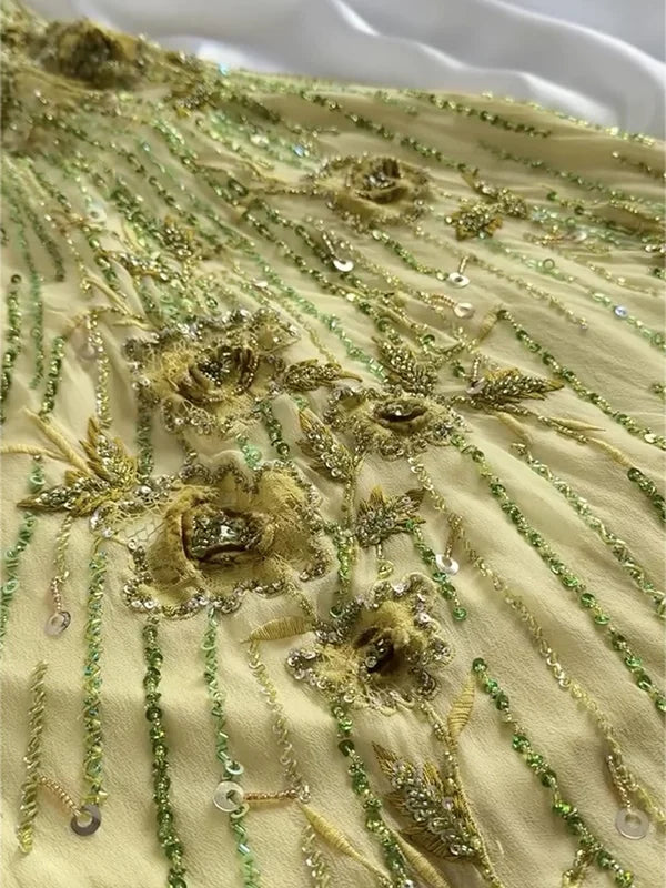 Robe de soirée longue en mousseline de soie, jolie, élégante, délicate, florale, avec bretelles perlées, jaune, gh3823