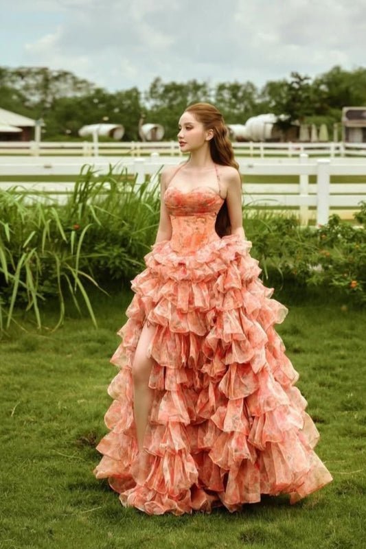 girlhomeshops - Robe longue fendue à fleurs orange en tulle gh6198