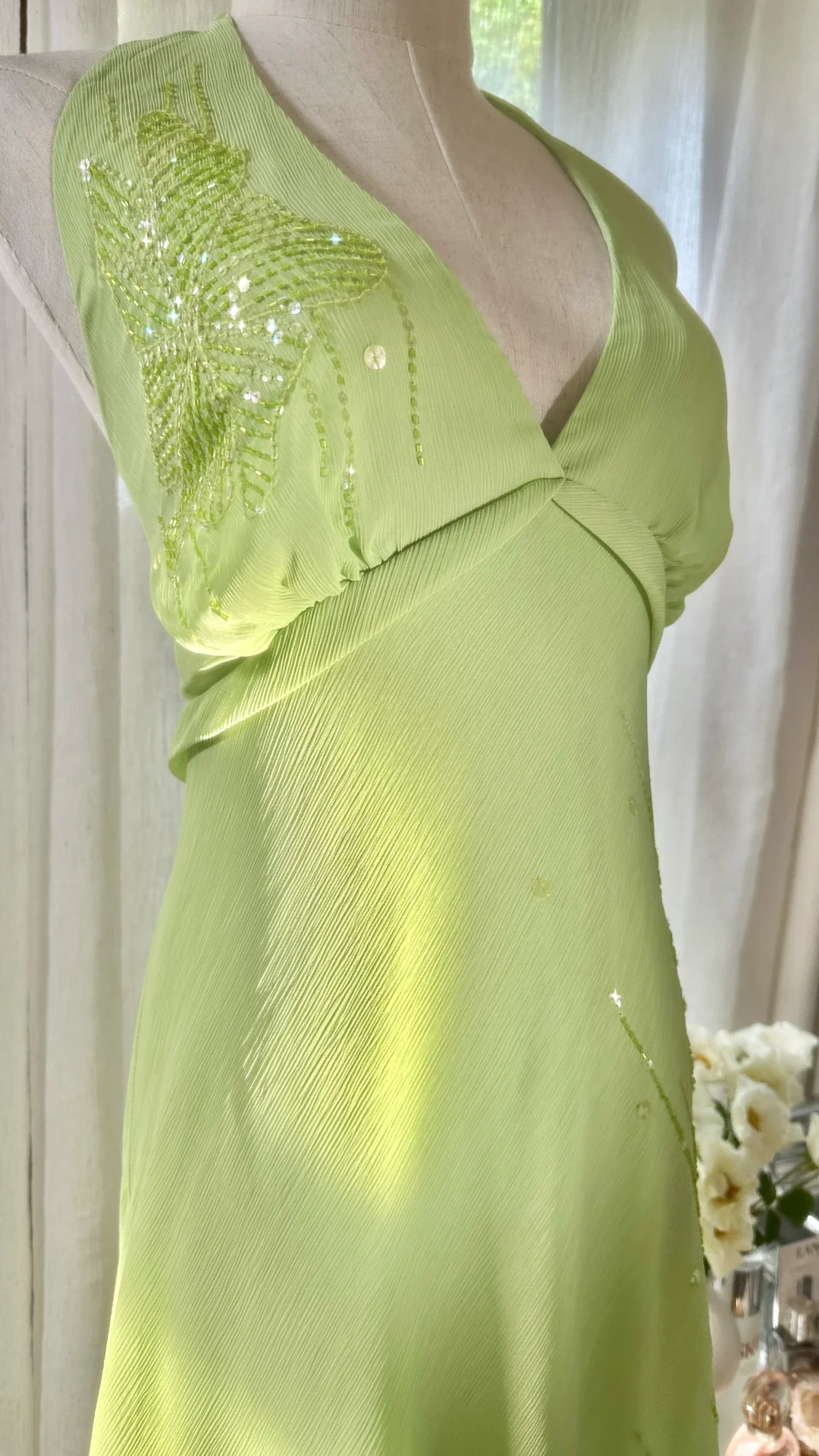 Robe de soirée longue en mousseline de soie, élégante et brillante, vert clair, avec perles exquises, pour anniversaire, mariage, fête, bal, Saint-Valentin, gh4038