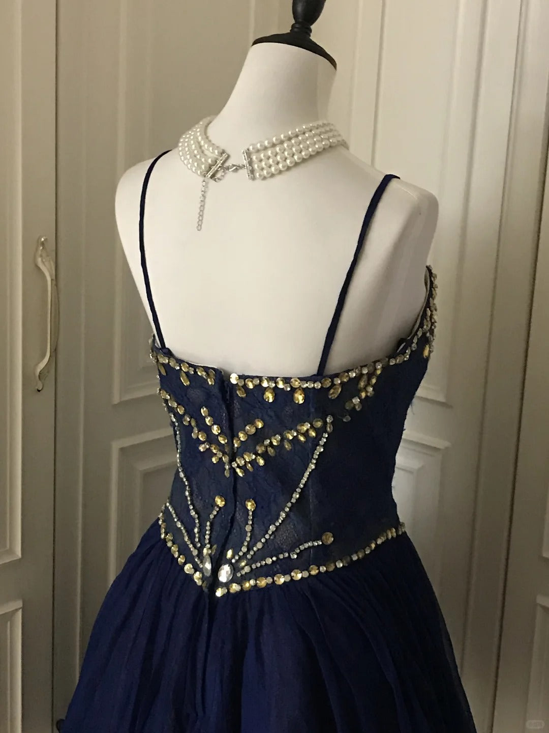 💙Dark blue shiny retro princess short homecoming dress beaded tulle ball gown evening dress gh4393
