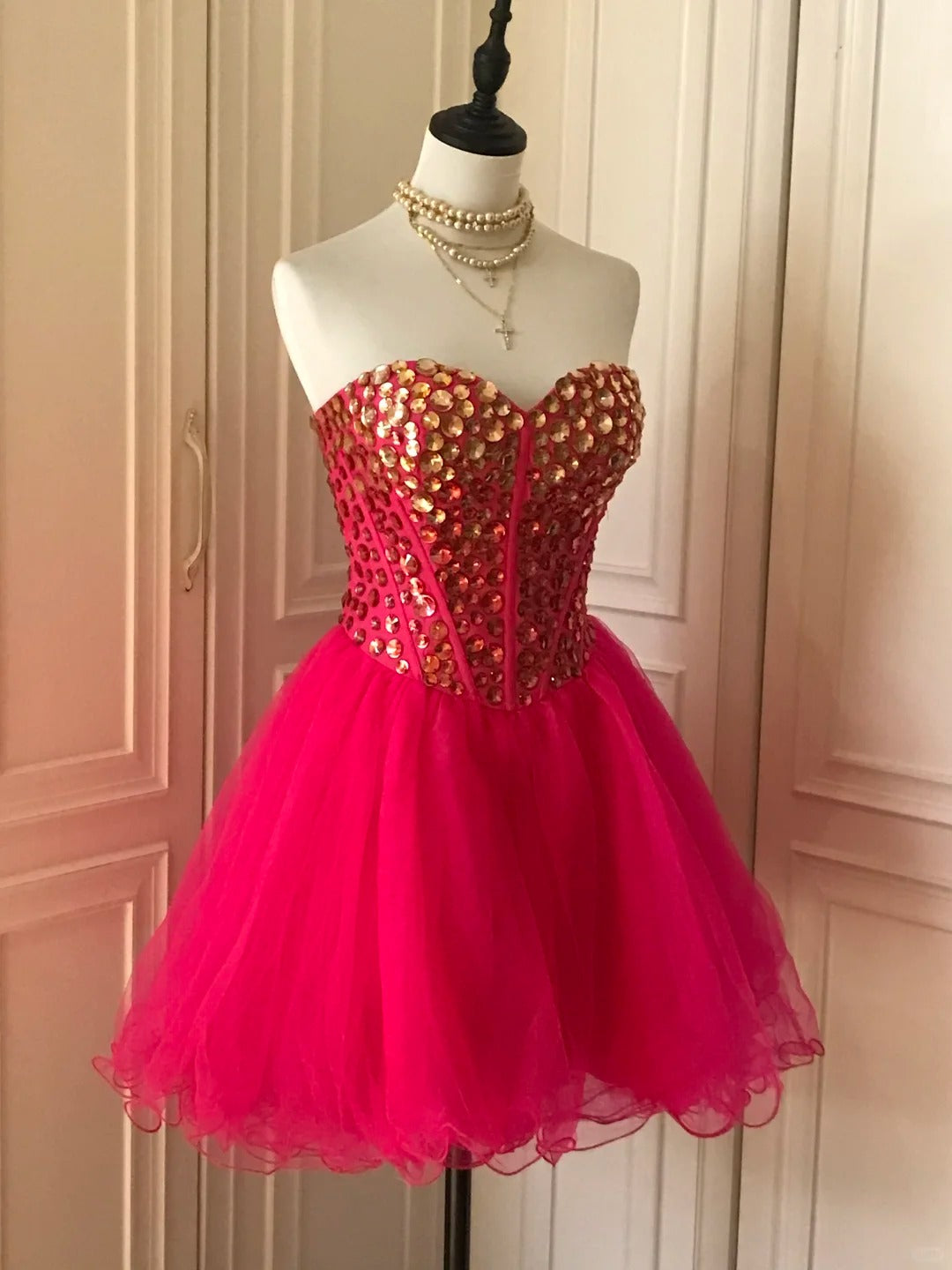 ❤️Pink retro noble princess short homecoming dress sequined tulle ball dress evening dress gh4392