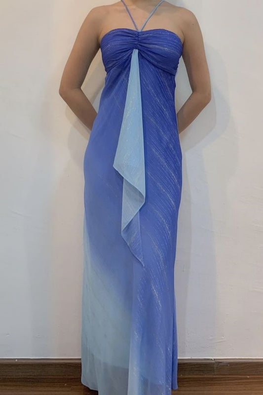 girlhomeshops-Vintage Blue-White Gradient Halter Neck Flounce Long Evening Gown gh6024