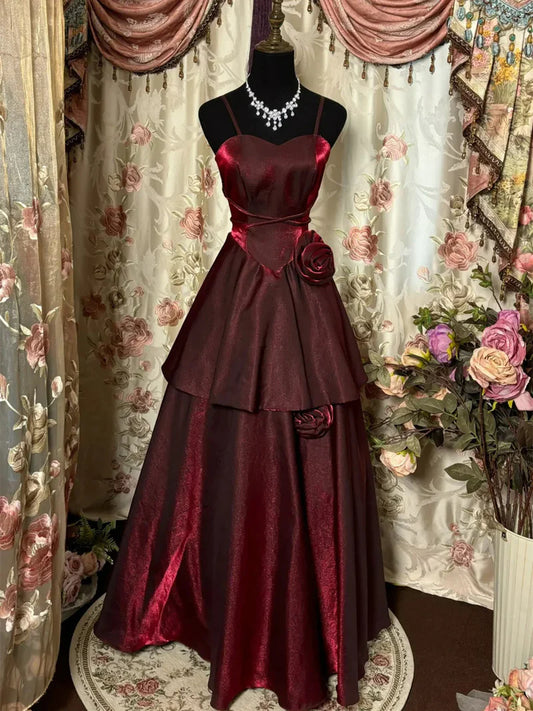 Girlhomeshops - Robe de bal vintage bordeaux brillante à bretelles spaghetti et fleurs, longueur au sol, gh5671