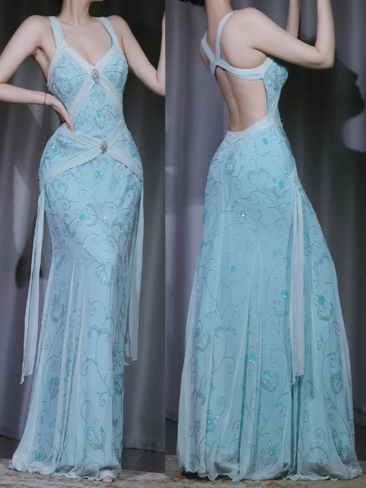 girlhomeshops-Blaues exquisites florales Vintage-elegantes langes Chiffon-Abendkleid, Ballkleid, Partykleid, gh5914