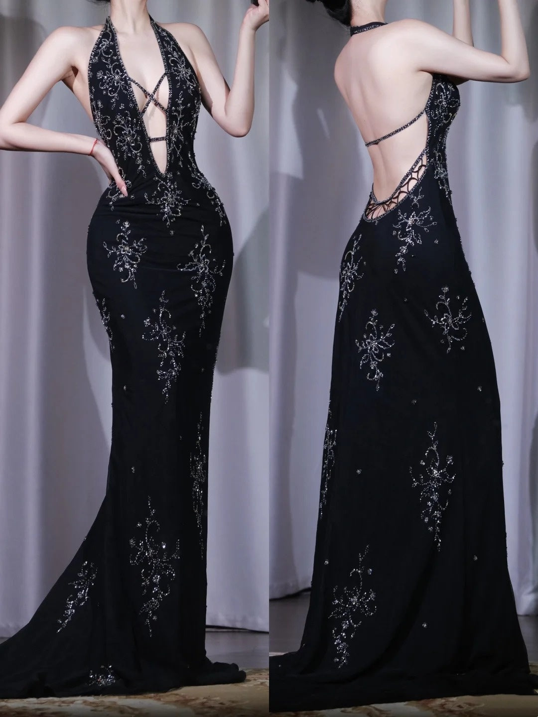 girlhomeshops-Retro fashion black sexy backless V-neck floral bead long and ground trailing evening gown Prom gown gh5910