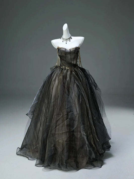 Robe de soirée longue en tulle, noire, magnifique, exquise, perles dorées, élégante, longueur au sol, robe de bal, robe de princesse, robe de cérémonie pour adultes, gh3844
