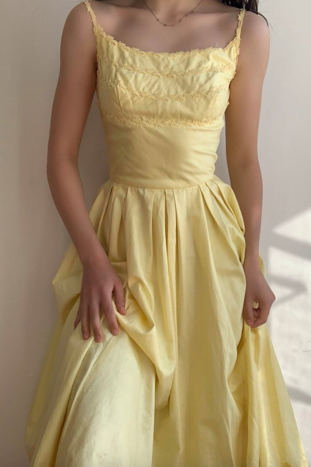 girlhomeshops-- Yellow spaghetti strap long satin dress gh5722