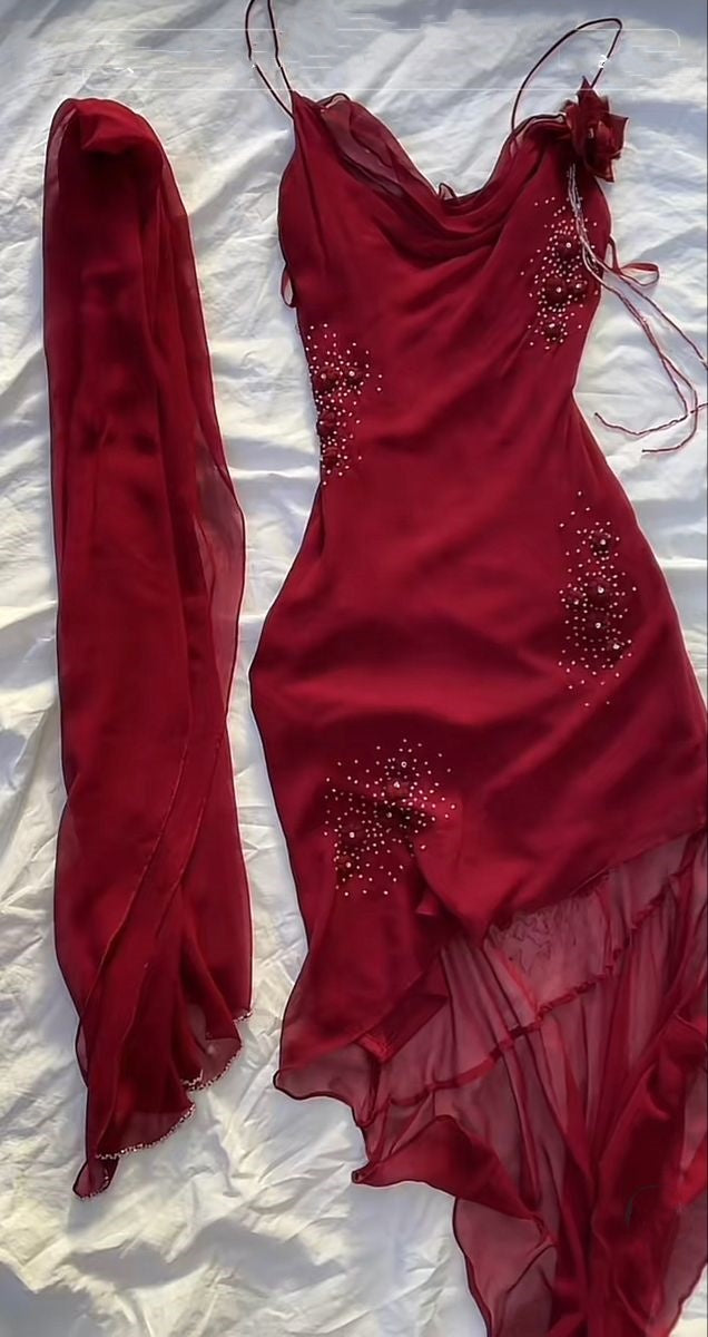 Burgundy vintage fashion beaded spaghetti straps long elegant chiffon formal prom dress, evening dress, party dress gh3503