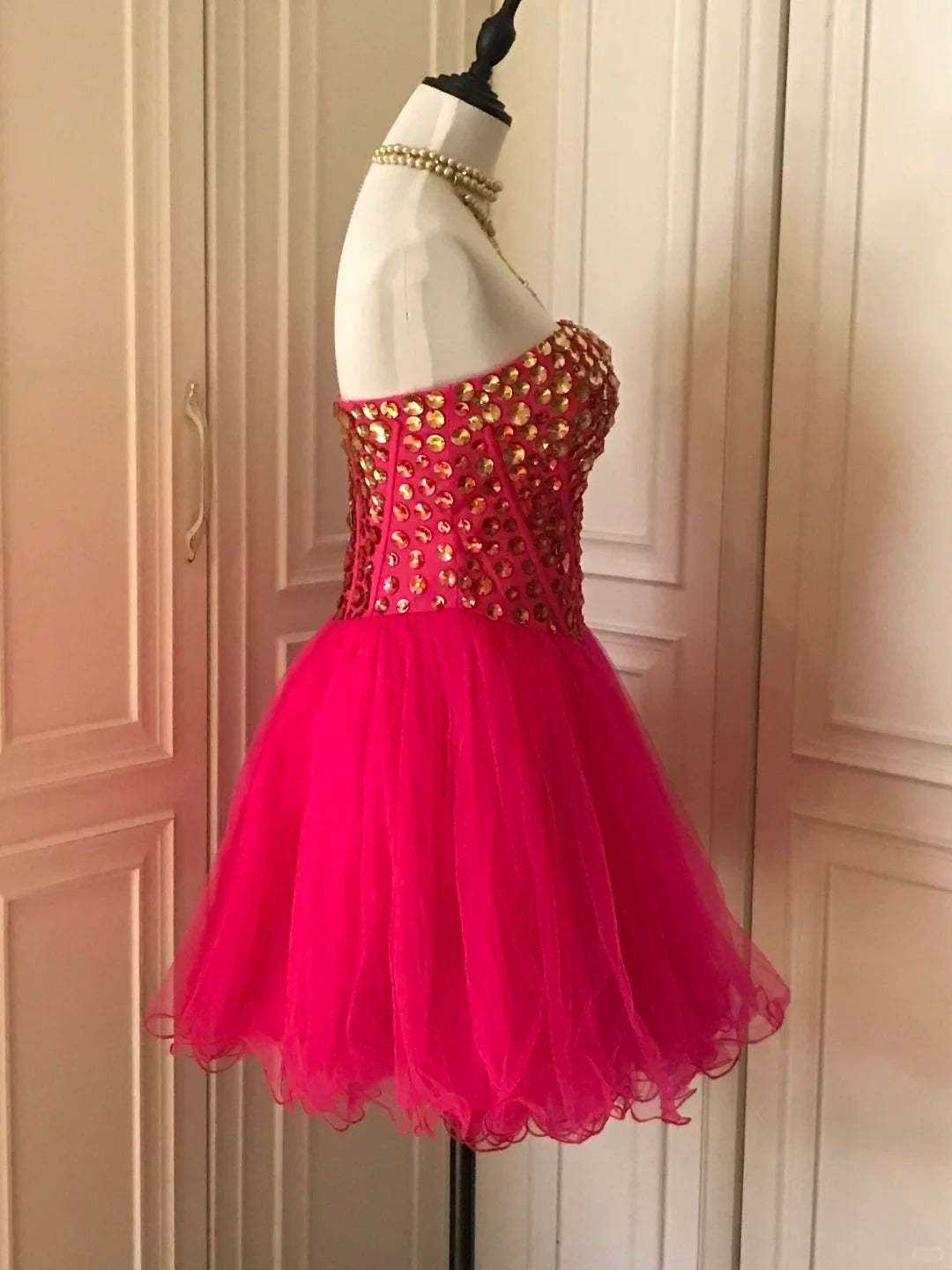 ❤️Pink retro noble princess short homecoming dress sequined tulle ball dress evening dress gh4392