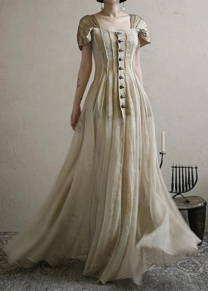 Girlhomeshops-New Retro Elegant Square Neck Summer New Long Chiffon Prom Dress Evening Dress Retro Wedding Bridesmaid Dress gh5251