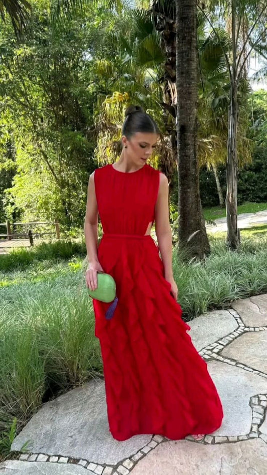 Red fashion unique round neck exposed waist ruffle long chiffon ball gown evening dress wedding guest party dress gh3098
