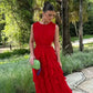 Red fashion unique round neck exposed waist ruffle long chiffon ball gown evening dress wedding guest party dress gh3098