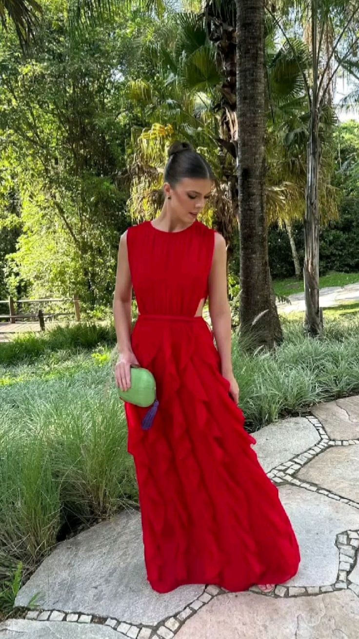 Red fashion unique round neck exposed waist ruffle long chiffon ball gown evening dress wedding guest party dress gh3098