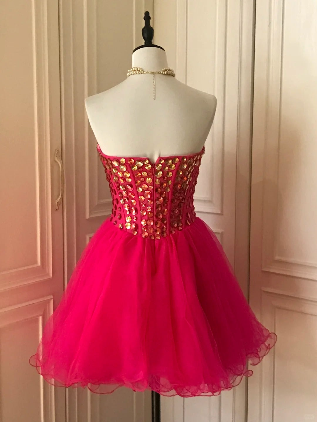 ❤️Pink retro noble princess short homecoming dress sequined tulle ball dress evening dress gh4392