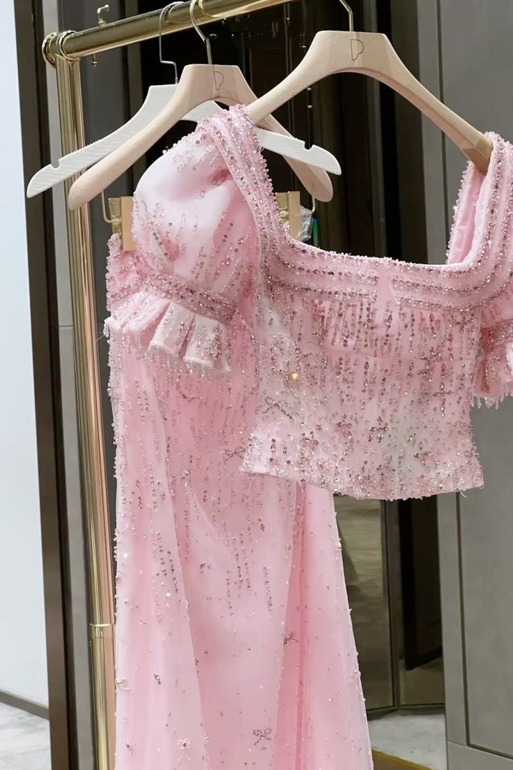 Robe deux-pièces rose en tulle à manches courtes et perles | Robe maxi élégante et luxueuse à encolure carrée découpée, idéale pour une soirée de gala gh6465