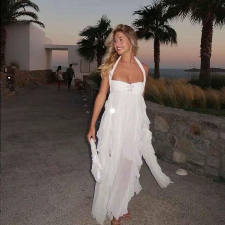 White pure color youthful elegant sweet long chiffon ruffle irregular skirt seaside beach holiday party dress evening dress prom dress gh3538