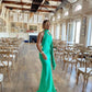 Green simple and elegant lace-up halter neck backless slit long slim satin banquet dress evening dress ball gown wedding guest dress gh3086