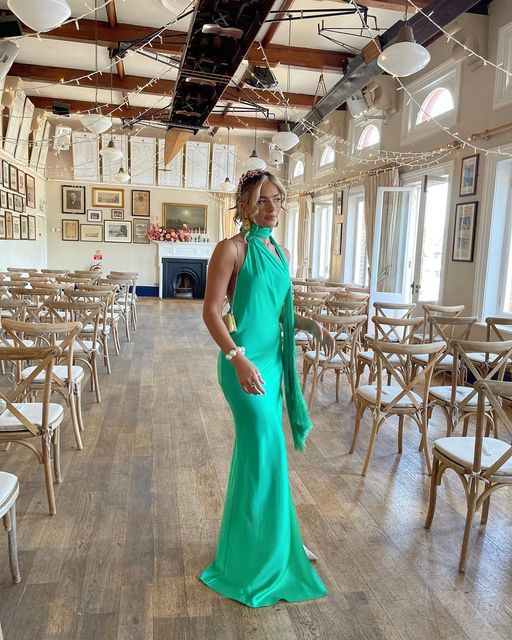 Green simple and elegant lace-up halter neck backless slit long slim satin banquet dress evening dress ball gown wedding guest dress gh3086