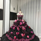 Black Pink Floral Maximalism Long Tulle Ball Gown 16th Birthday Dress Quinceanera Dress gh4739