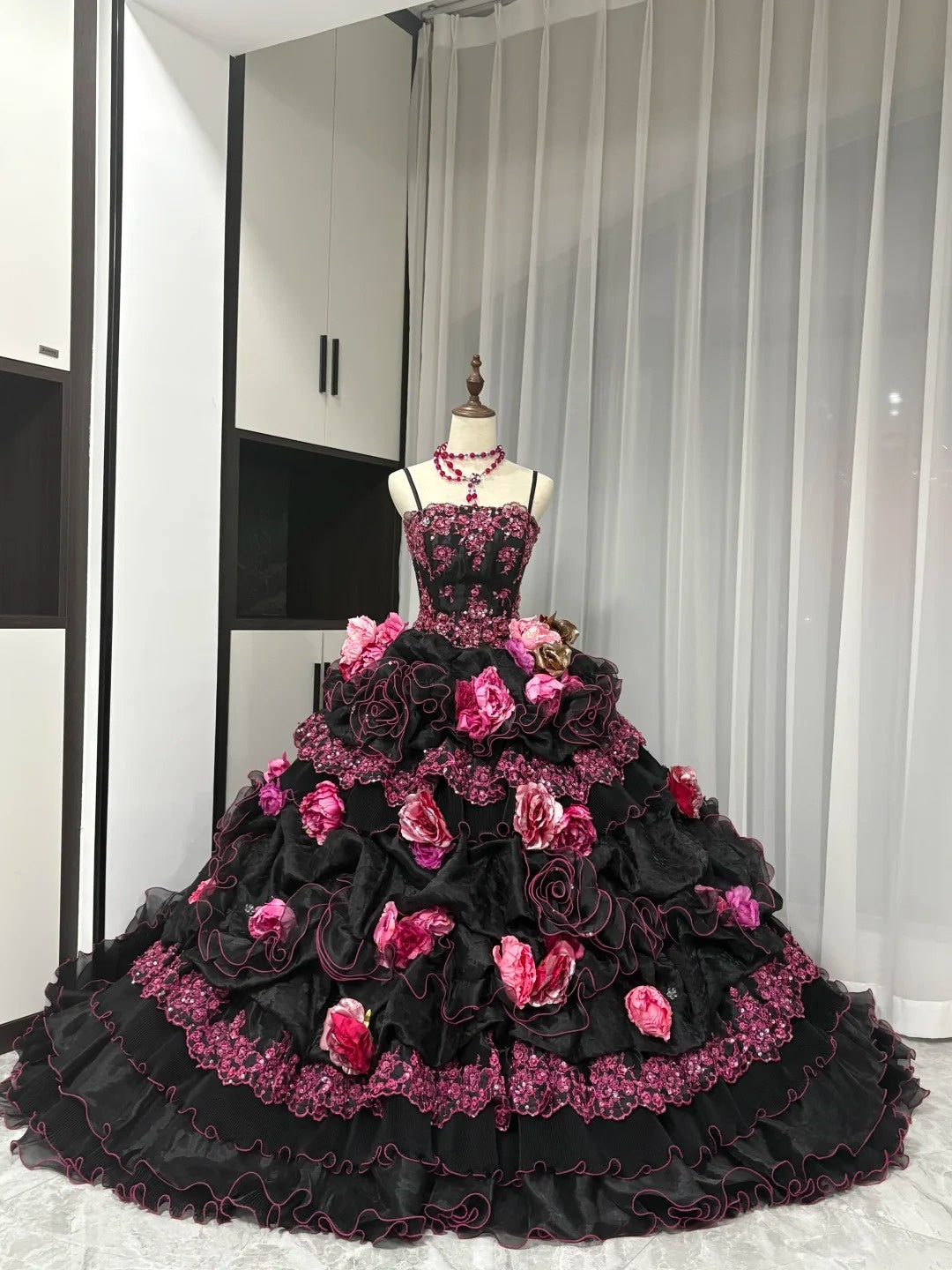 Black Pink Floral Maximalism Long Tulle Ball Gown 16th Birthday Dress Quinceanera Dress gh4739