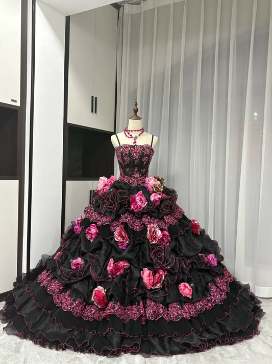 Robe de bal longue en tulle à fleurs noir et rose, maximalisme, robe de quinceanera pour 16e anniversaire, gh4739
