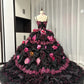 Black Pink Floral Maximalism Long Tulle Ball Gown 16th Birthday Dress Quinceanera Dress gh4739