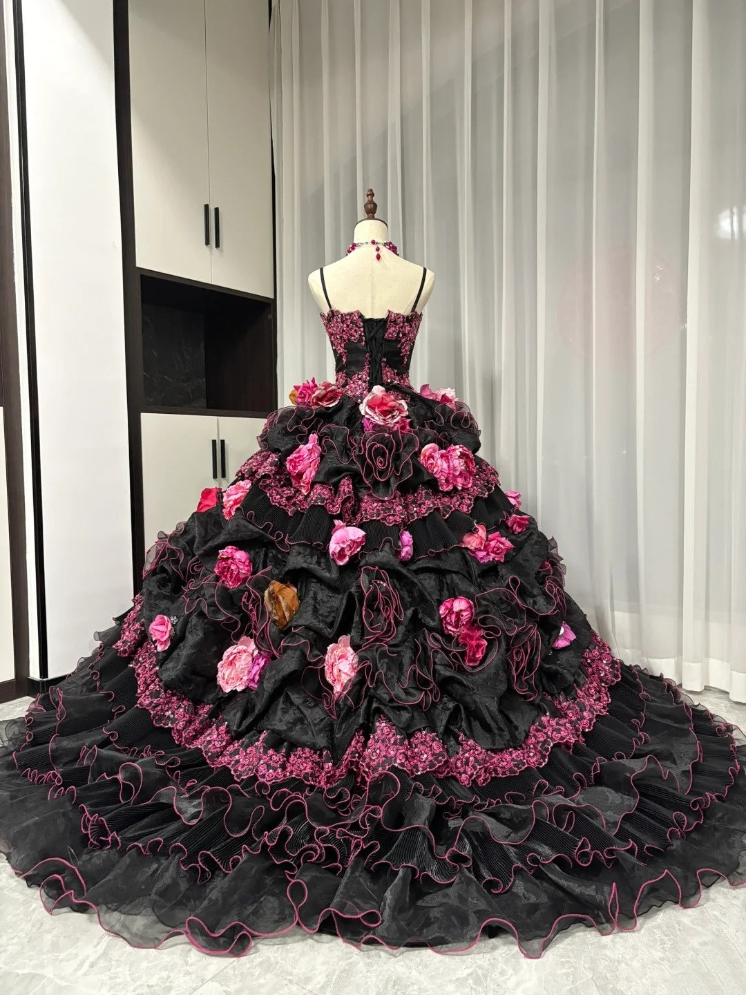Black Pink Floral Maximalism Long Tulle Ball Gown 16th Birthday Dress Quinceanera Dress gh4739