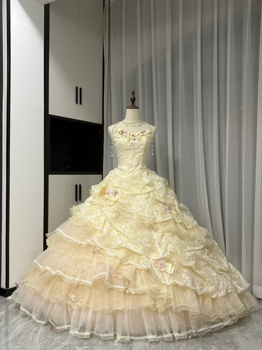 Robe de bal longue en tulle jaune à fleurs et perles, robe de Quinceanera pour 16e anniversaire, gh4737