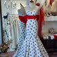 Retro Black & White Polka Dot Bandeau Mermaid Dress: Red Bow Belt, Fitted Flared Skirt, Banquet Centerpiece Gown gh6576