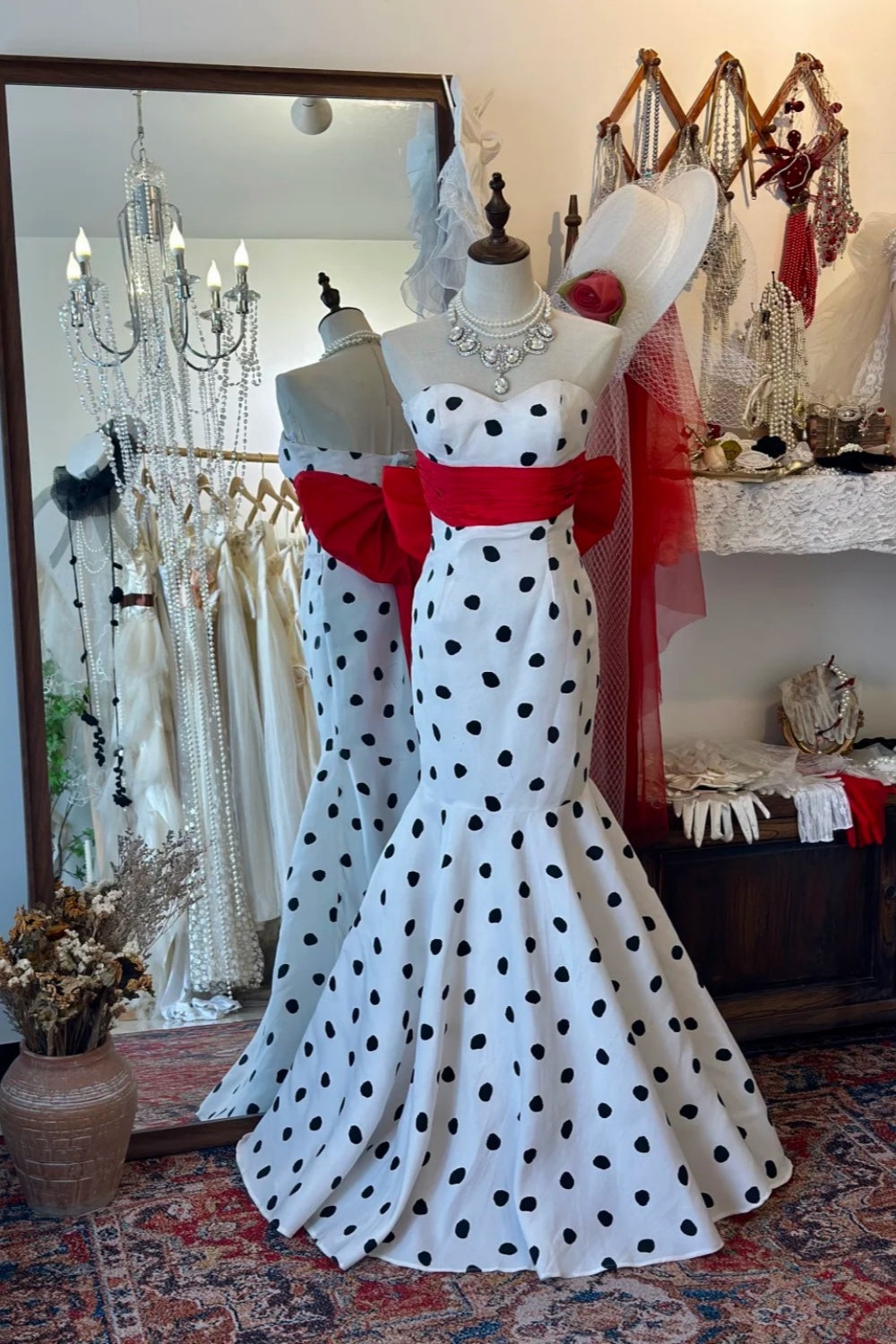 Retro Black & White Polka Dot Bandeau Mermaid Dress: Red Bow Belt, Fitted Flared Skirt, Banquet Centerpiece Gown gh6576