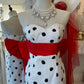 Retro Black & White Polka Dot Bandeau Mermaid Dress: Red Bow Belt, Fitted Flared Skirt, Banquet Centerpiece Gown gh6576