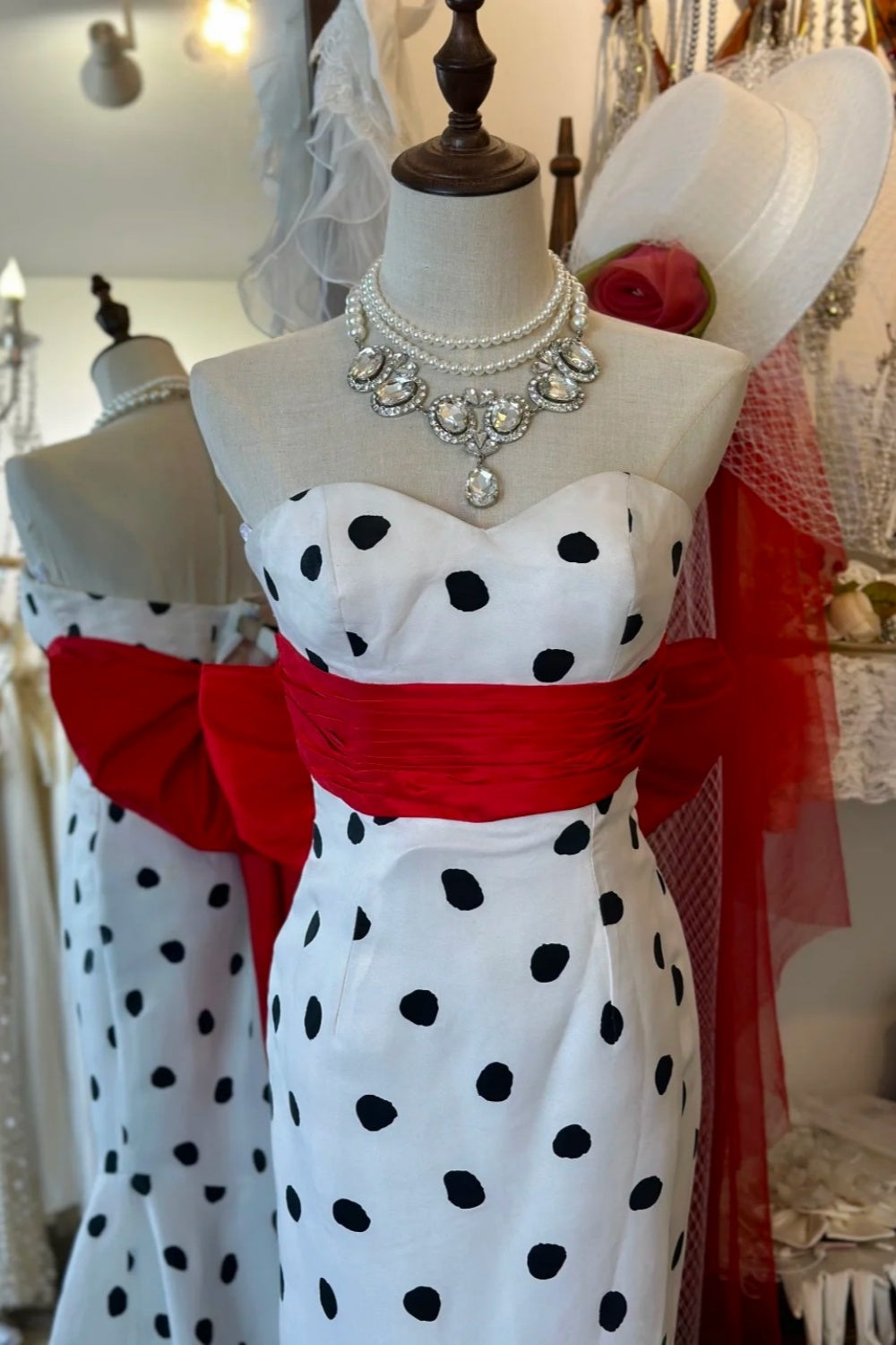 Retro Black & White Polka Dot Bandeau Mermaid Dress: Red Bow Belt, Fitted Flared Skirt, Banquet Centerpiece Gown gh6576