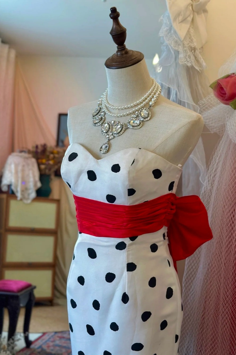 Retro Black & White Polka Dot Bandeau Mermaid Dress: Red Bow Belt, Fitted Flared Skirt, Banquet Centerpiece Gown gh6576