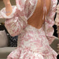 Girlhomeshops-Pink floral long sleeves fashion sweet short chiffon backless homecoming dress birthday dress gh5272